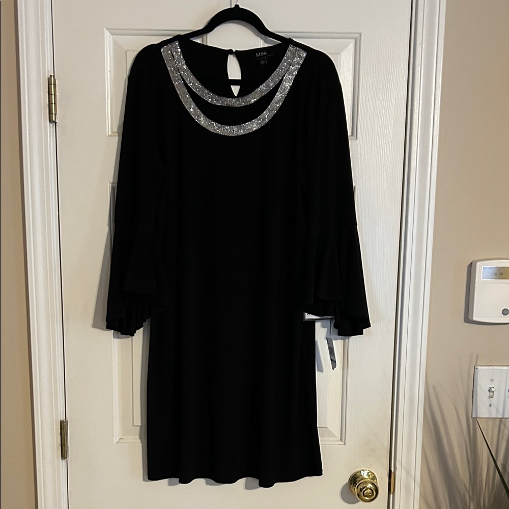 MSK Black Long Sleeve Dress with Silver Sequin Neckline